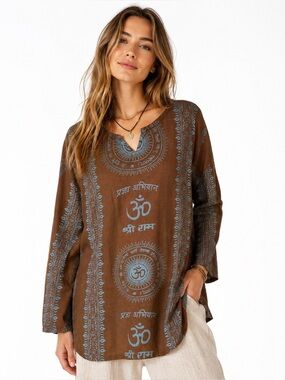 Brown Om Shri Ram Sanskrit Tunic Top XXL Boho Hippie Indian Kurta